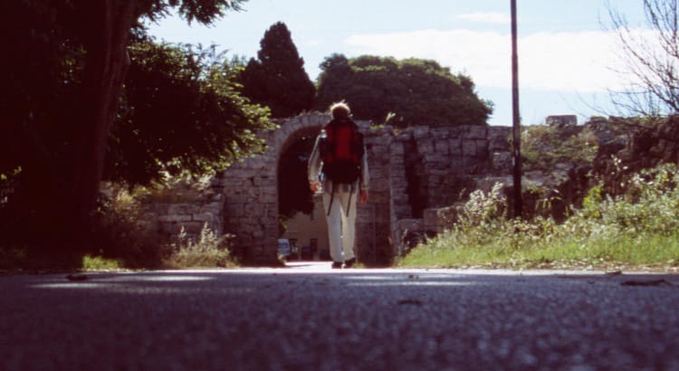 Walking towards gate in Paestum, Italy